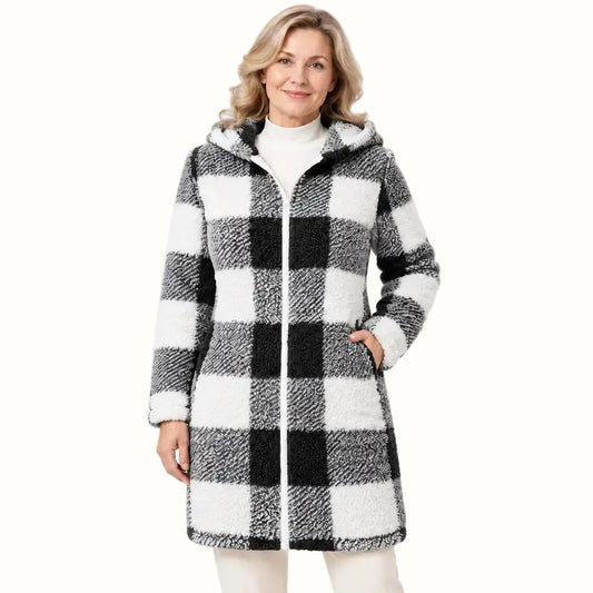 ✨【S-3XL】Dugi ženski kardigan/kaput na kopčanje patentnim zatvaračem, obostrano nosiv – umjetno krzno i karirani uzorak (jesen/zima)